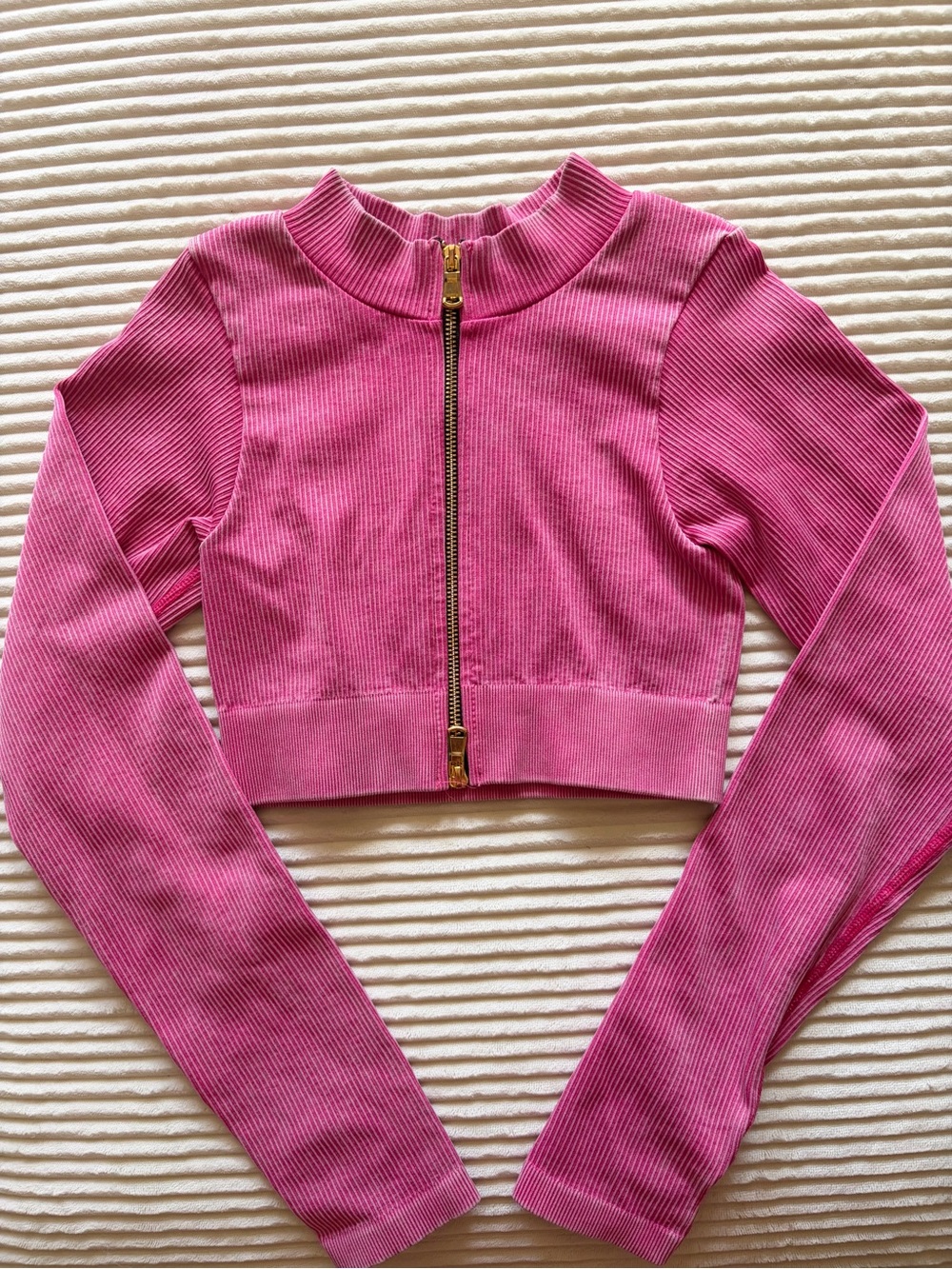 Daisy Pink Ribbed Zip Crop Top Size Small